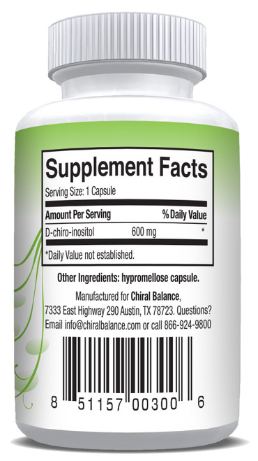 Side of bottle Chiral Balance D-Chiro-Inositol 600mg with a NSF certification on Label.