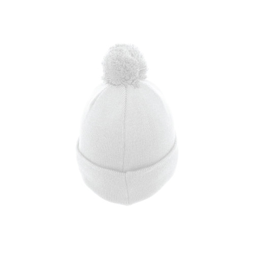 White Knit Fold-Over Pom-Pom Beanie