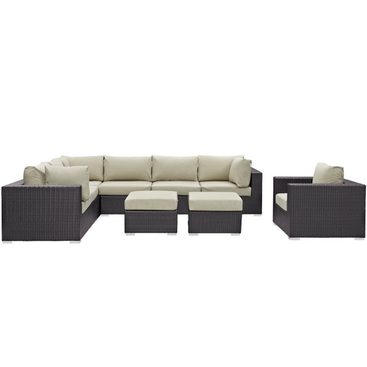 Convene Nine PCS Outdoor Patio Sectional Set, Beige, Rattan 10660