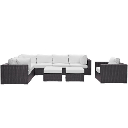 Convene Nine PCS Outdoor Patio Sectional Set, White, Rattan 10666