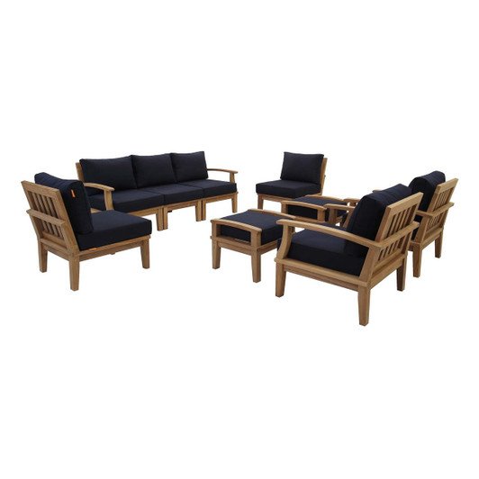 Marina 9 Piece Outdoor Patio Teak Set, Wood, Navy Blue Natural 13275