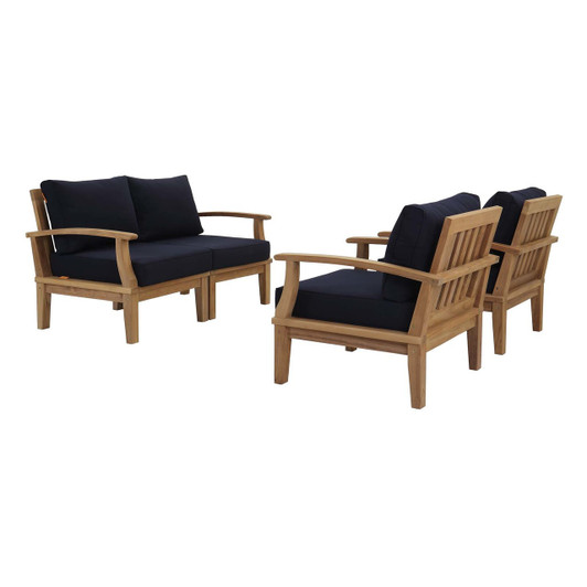 Marina 4 Piece Outdoor Patio Teak Set, Wood, Navy Blue Natural 13327