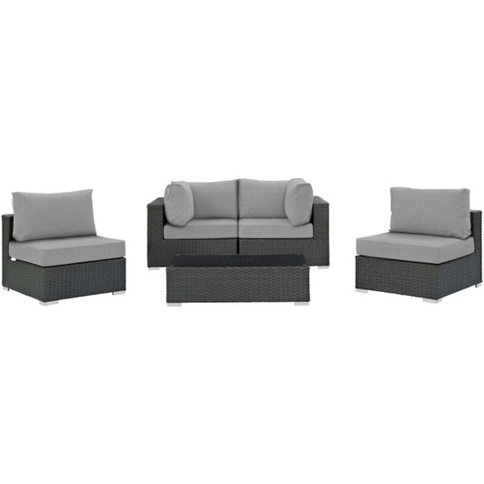 Sojourn 5 Piece Outdoor Patio Sunbrella® Sectional Set, Sunbrella Rattan Wicker, Grey Gray 13384