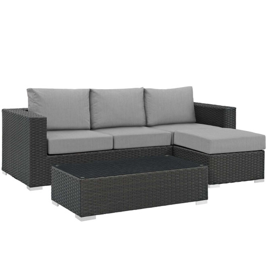 Sojourn 3 Piece Outdoor Patio Sunbrella® Sectional Set, Sunbrella Rattan Wicker, Grey Gray 13392