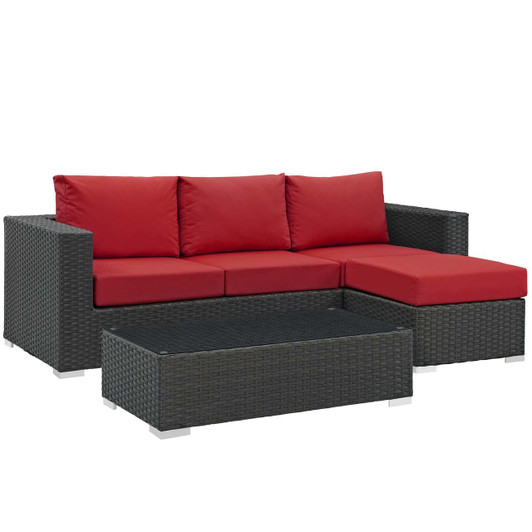Sojourn 3 Piece Outdoor Patio Sunbrella® Sectional Set, Sunbrella Rattan Wicker, Red 13393