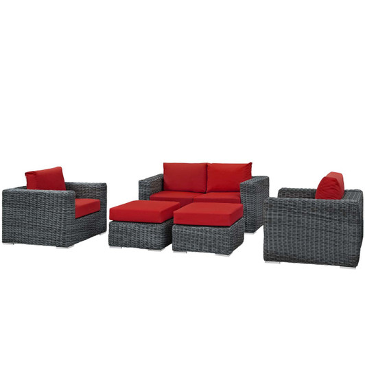 Summon 5 Piece Outdoor Patio Sunbrella® Sectional Set, Sunbrella Rattan Wicker, Grey Red 13401