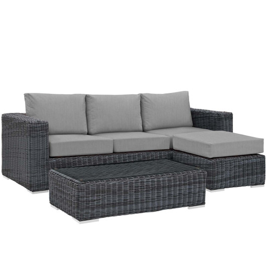 Summon 3 Piece Outdoor Patio Sunbrella® Sectional Set, Sunbrella Rattan Wicker, Grey Gray 13416