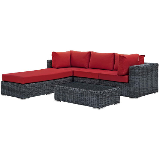 Summon 5 Piece Outdoor Patio Sunbrella® Sectional Set, Sunbrella Rattan Wicker, Grey Red 13419