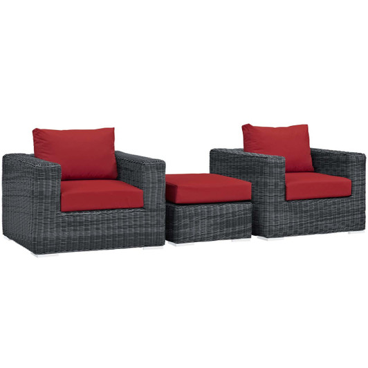 Summon 3 Piece Outdoor Patio Sunbrella® Sectional Set, Sunbrella Rattan Wicker, Grey Red 13421