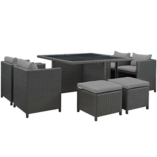 Sojourn 9 Piece Outdoor Patio Sunbrella® Dining Set, Sunbrella Rattan Wicker, Grey Gray 13430