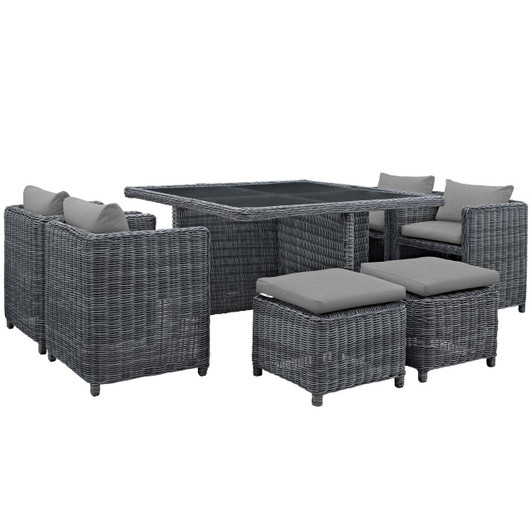 Summon 9 Piece Outdoor Patio Sunbrella® Dining Set, Sunbrella Rattan Wicker, Grey Gray 13432