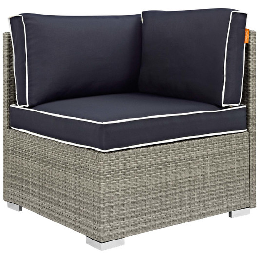 Repose Outdoor Patio Corner, Sunbrella Rattan Wicker, Navy Blue Light Gray 13893