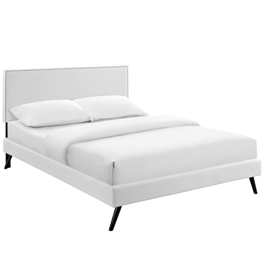 Macie Full Vinyl Platform Bed with Round Splayed Legs, Full Size, Faux Vinyl Leather, White, 14648