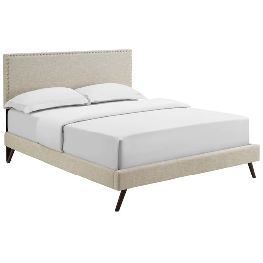 Macie Queen Fabric Platform Bed with Round Splayed Legs, Queen Size, Fabric, Beige, 14655