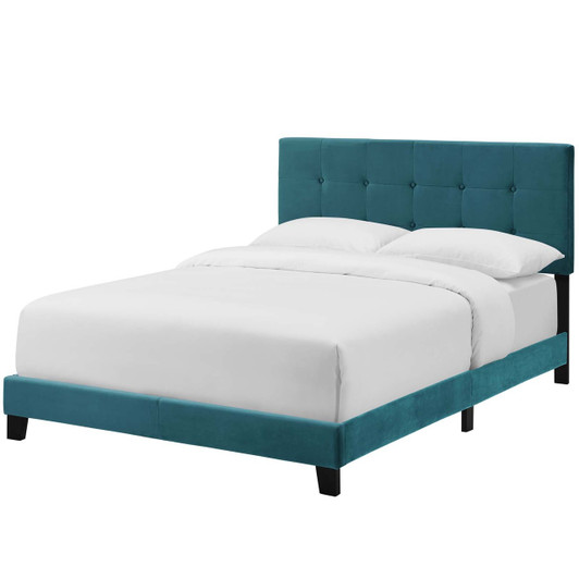 Amira Queen Upholstered Velvet Bed, Queen Size, Velvet Fabric, Blue, 15088
