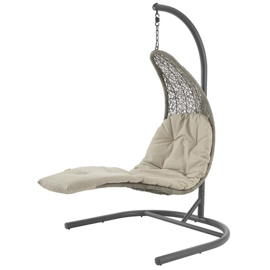 Landscape Hanging Chaise Lounge Outdoor Patio Swing Chair, Rattan Wicker, Light Gray Beige 15183