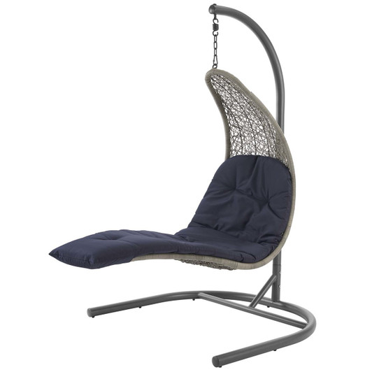 Landscape Hanging Chaise Lounge Outdoor Patio Swing Chair, Rattan Wicker, Navy Blue Light Gray 15185