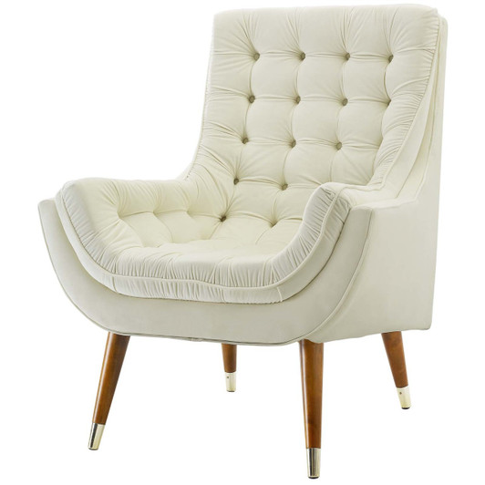 Suggest Button Tufted Upholstered Velvet Lounge Chair, Velvet Fabric, Ivory White 15309