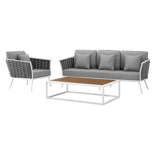 Stance 3 Piece Outdoor Patio Aluminum Sectional Sofa Set, Fabric Aluminium, White Grey Gray 15336