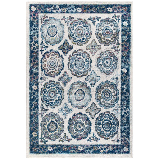 Entourage Odile Transitional Distressed Vintage Floral Moroccan Trellis 8x10 Area Rug, Fabric, Blue Ivory White 15626
