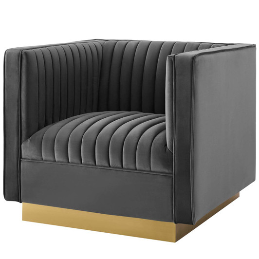 Sanguine Vertical Channel Tufted Accent Performance Velvet Armchair, Velvet Fabric Metal Steel, Grey Gray 15791