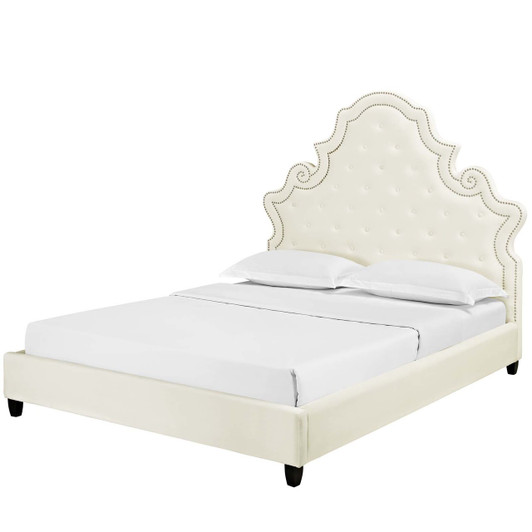 Valentina Queen Tufted Nailhead Performance Velvet Platform Bed, Queen Size, Velvet Fabric, Ivory White, 15889