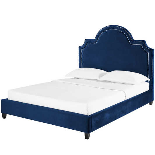 Primrose Queen Performance Velvet Platform Bed, Queen Size, Velvet Fabric, Navy Blue, 15896