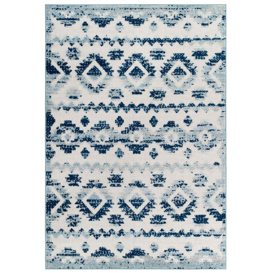 Reflect Takara Distressed Contemporary Abstract Diamond Moroccan Trellis 8x10 Indoor and Outdoor Area Rug, Fabric, Blue Ivory White 15920