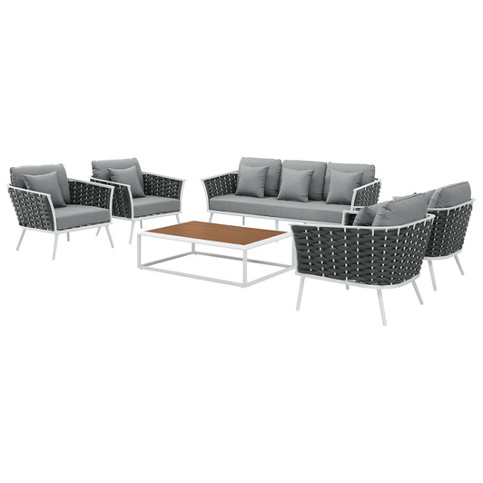 Stance 6 Piece Outdoor Patio Aluminum Sectional Sofa Set, Aluminum Fabric, White Grey Gray, 17283