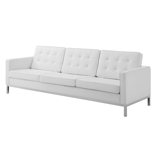 Loft Tufted Button Upholstered Faux Leather Sofa, Faux Vinyl Leather Metal Steel, White, 17321