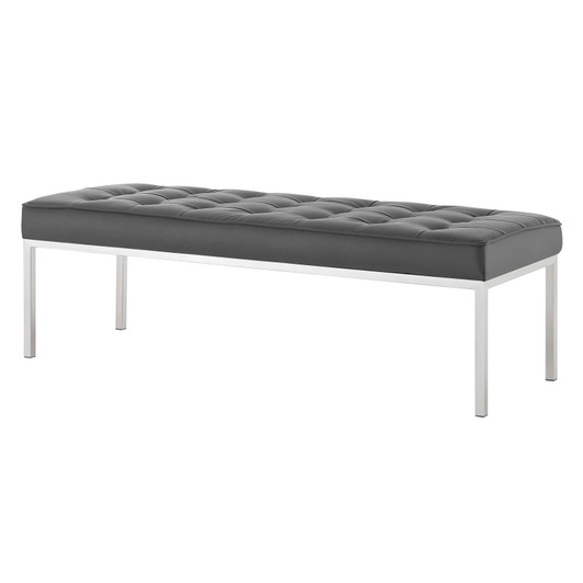 Loft Tufted Button Large Upholstered Faux Leather Bench, Faux Vinyl Leather Metal Steel, Grey Gray Silver, 17342