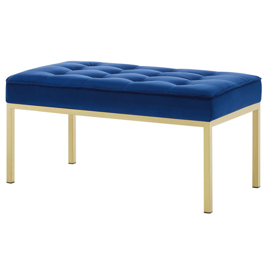 Loft Gold Stainless Steel Leg Medium Performance Velvet Bench, Velvet Fabric, Gold Blue Navy, 17351