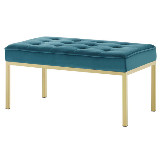 Loft Gold Stainless Steel Leg Medium Performance Velvet Bench, Velvet Fabric, Gold Aqua Blue, 17352