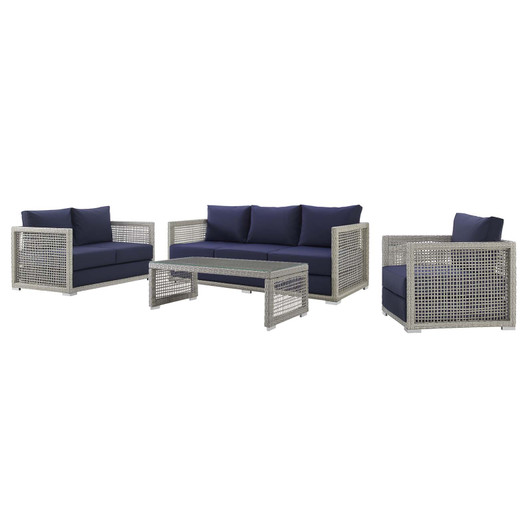 Aura 4 Piece Outdoor Patio Wicker Rattan Set, Rattan Wicker Fabric, Grey Gray Navy Blue, 17517