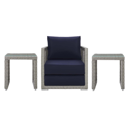 Aura 3 Piece Outdoor Patio Wicker Rattan Set, Rattan Wicker Fabric, Grey Gray Navy Blue, 17518