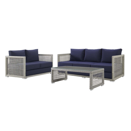 Aura 3 Piece Outdoor Patio Wicker Rattan Set, Rattan Wicker Fabric, Grey Gray Navy Blue, 17520