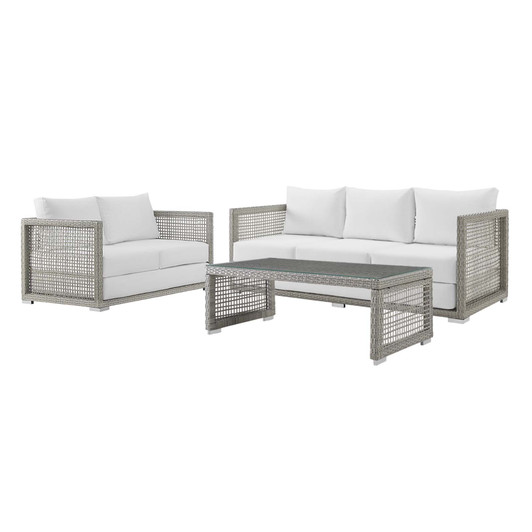 Aura 3 Piece Outdoor Patio Wicker Rattan Set, Rattan Wicker Fabric, Grey Gray White, 17521