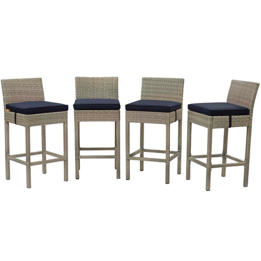 Conduit Bar Stool Outdoor Patio Wicker Rattan Set of 4, Fabric Rattan Wicker, Navy Blue, 17544