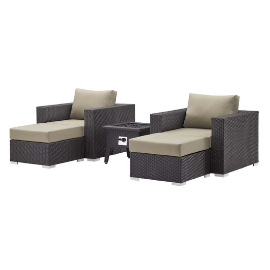 Convene 5 Piece Set Outdoor Patio with Fire Pit, Fabric Rattan Wicker, Beige, 17603