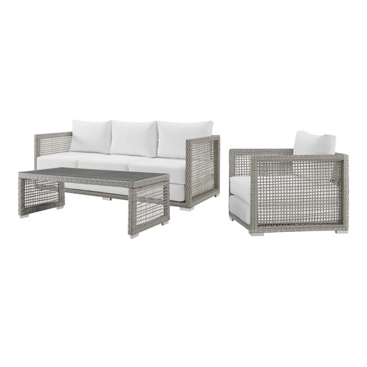 Aura 3 Piece Outdoor Patio Wicker Rattan Set, Rattan Wicker Fabric, Grey Gray White, 17855