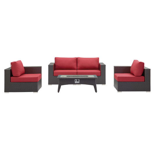 Convene 5 Piece Set Outdoor Patio with Fire Pit, Fabric Rattan Wicker, Red, 17896