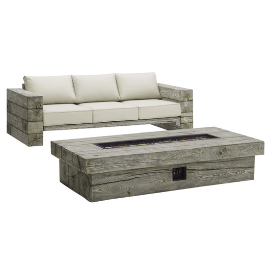 Manteo Rustic Coastal Outdoor Patio Sunbrella® Sofa and Fire Pit Set, Simulated Wood, Light Grey Gray Beige, 18269