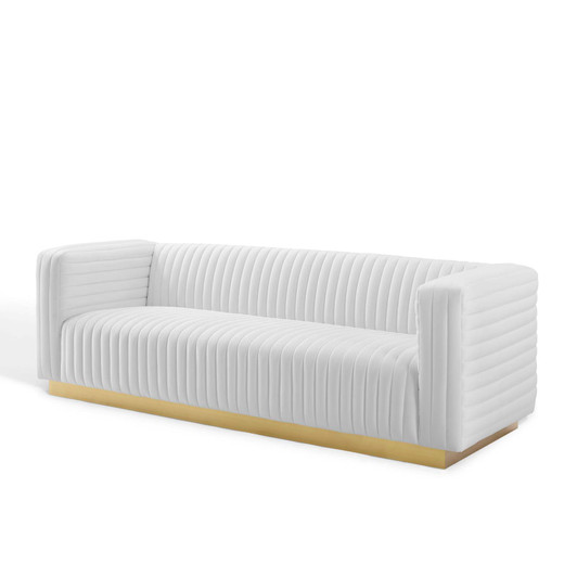 Charisma Channel Tufted Performance Velvet Living Room Sofa, Velvet, White, 18682