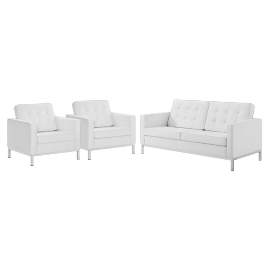 Loft 3 Piece Tufted Upholstered Faux Leather Set, Faux Leather, Silver White, 19231