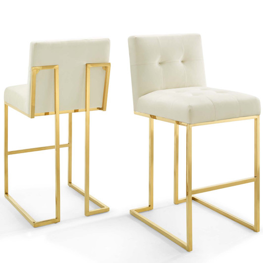 Privy Gold Stainless Steel Performance Velvet Bar Stool Set of 2, Velvet, Metal Steel, Gold Ivory White, 19422