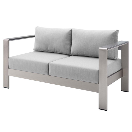 Shore Sunbrella® Fabric Aluminum Outdoor Patio Loveseat, Fabric, Aluminum, Metal, Steel, Silver Grey Gray, 19558