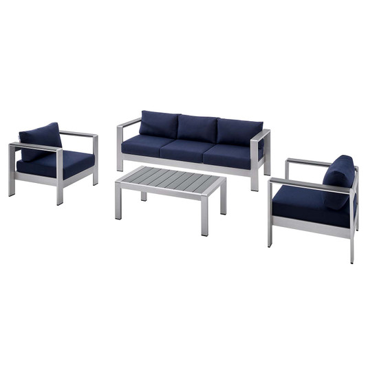 Shore Sunbrella® Fabric Outdoor Patio Aluminum 4 Piece Set, Fabric, Aluminum, Metal, Steel, Silver Blue Navy, 19760