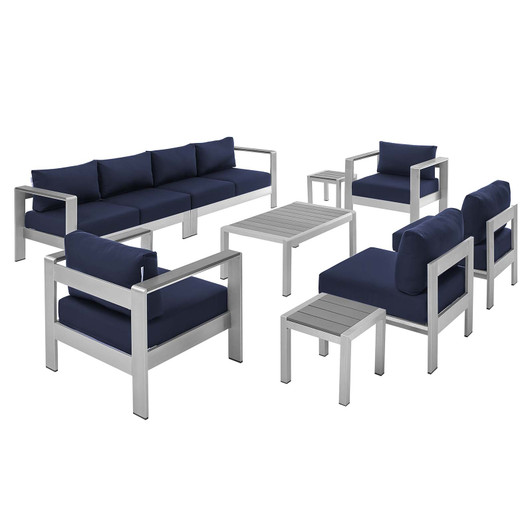 Shore Sunbrella® Fabric Outdoor Patio Aluminum 9 Piece Sectional Sofa Set, Fabric, Aluminum, Metal, Steel, Silver Blue Navy, 19768