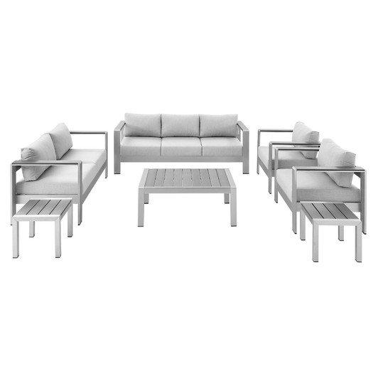 Shore Sunbrella® Fabric Outdoor Patio Aluminum 7 Piece Set, Fabric, Aluminum, Metal, Steel, Silver Grey Gray, 19773
