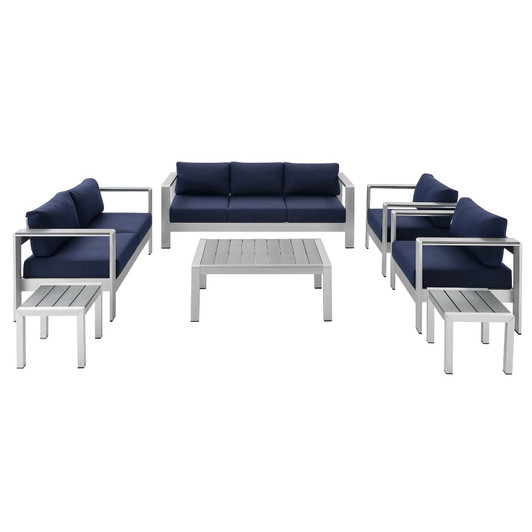 Shore Sunbrella® Fabric Outdoor Patio Aluminum 7 Piece Set, Fabric, Aluminum, Metal, Steel, Silver Blue Navy, 19774